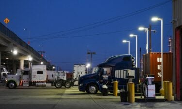 A truck is parked at a diesel fuel pump displaying prices above $8 per gallon at a truck stop in the Wilmington neighborhood of Los Angeles on September 22